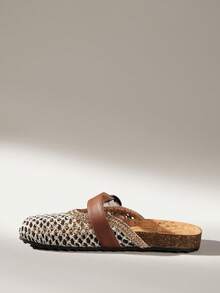 Solecia Women's Shoes, Spring And Summer New Woven Hollow Seat Mesh, Splicing Buckle Decoration, Round Toe Design, Exposed Heel, Comfortable - Brown leather ash mat - View 5