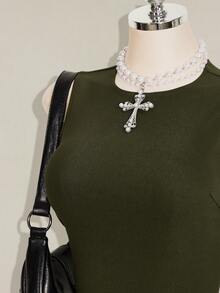 SHEIN ICON 女款純色圓領無袖修身百褶時尚極簡風洋裝 - 軍綠色 - 查看 6