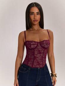 SHEIN BAE Women's Cherry Red Lace Trim Sheer Crop Top,V-Neck Tight Bustier Corset,Burgundy,Summer,70's,Club Night,Party Disco For Beach Holiday Or Party - Red - View 5