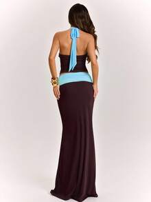 SHEIN BAE Dark Brown Color Block Tie Front Long Skirt, Vacation Style Sexy, Spring/Summer Club Night - Coffee Brown - View 2