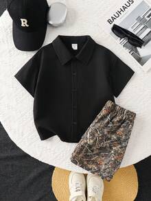 SHEIN 2pcs Kidsyoung Boy Summer Cute Casual Black Short Sleeve Shirt Leaf Camouflage Pattern Shorts Set, Camouflage Utility Shirt Set, Suitable For Daily Wear, Suitable For Spring And Summer - Black - View 3