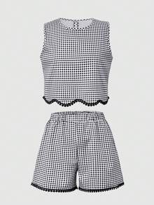 SHEIN Vintaside Kids 女童夏季黑白小格紋兩件套，流蘇蕾絲飾邊背心上衣 + 寬鬆短褲休閒套裝 - 彩色 - 查看 4