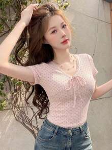DAZY 女款波點印花前綁帶短袖修身T恤 夏季可愛上衣 - 白色 - 查看 5