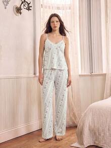 SHEIN Women's Romantic Floral Contrast Lace Trim Wide Leg Pajama Set - Multicolor - View 6