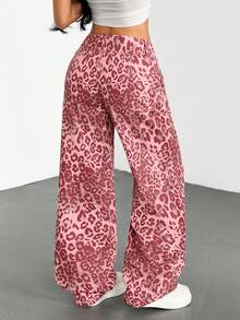 SHEIN Tall Women's Outdoor Y2k Streetwear Street Fashion Versatile Pink Leopard Print Multi-Pocket Denim Wide Leg Pants Night Out Summer - Pink - View 2