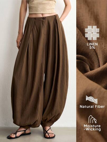 Aalyst Women's Spring/Summer French Elegant Sophisticated Chic Minimalist Luxury Design Casual Bohemian Vacation Commute Comfortable Solid Color Linen Blend Fabric Pleated Lantern Pants With Pockets Long Pants