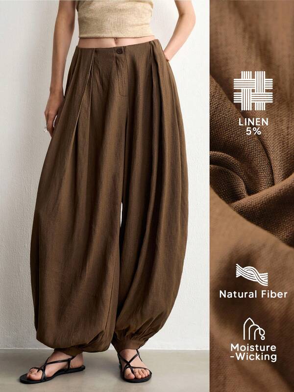 Aalyst Pantalones largos de mujer para primavera/verano, diseño elegante francés sofisticado chic minimalista de lujo, casual bohemio para vacaciones y desplazamientos, cómodos, de color liso, tela de mezcla de lino, pantalones tipo farol plisados con bolsillos