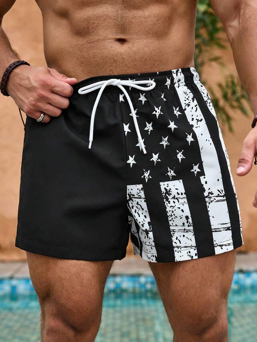 Manfinity KASUA Men's Plus Size American Flag Drawstring Beach Shorts - Black and White - View 1