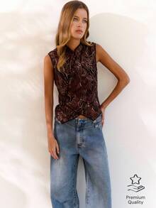 Nöista Mandarin Neck Jacquard Top-For Night Out Vacation, Formal Event, Day-To-Night; Autumn Everyday. - Coffee Brown - View 1