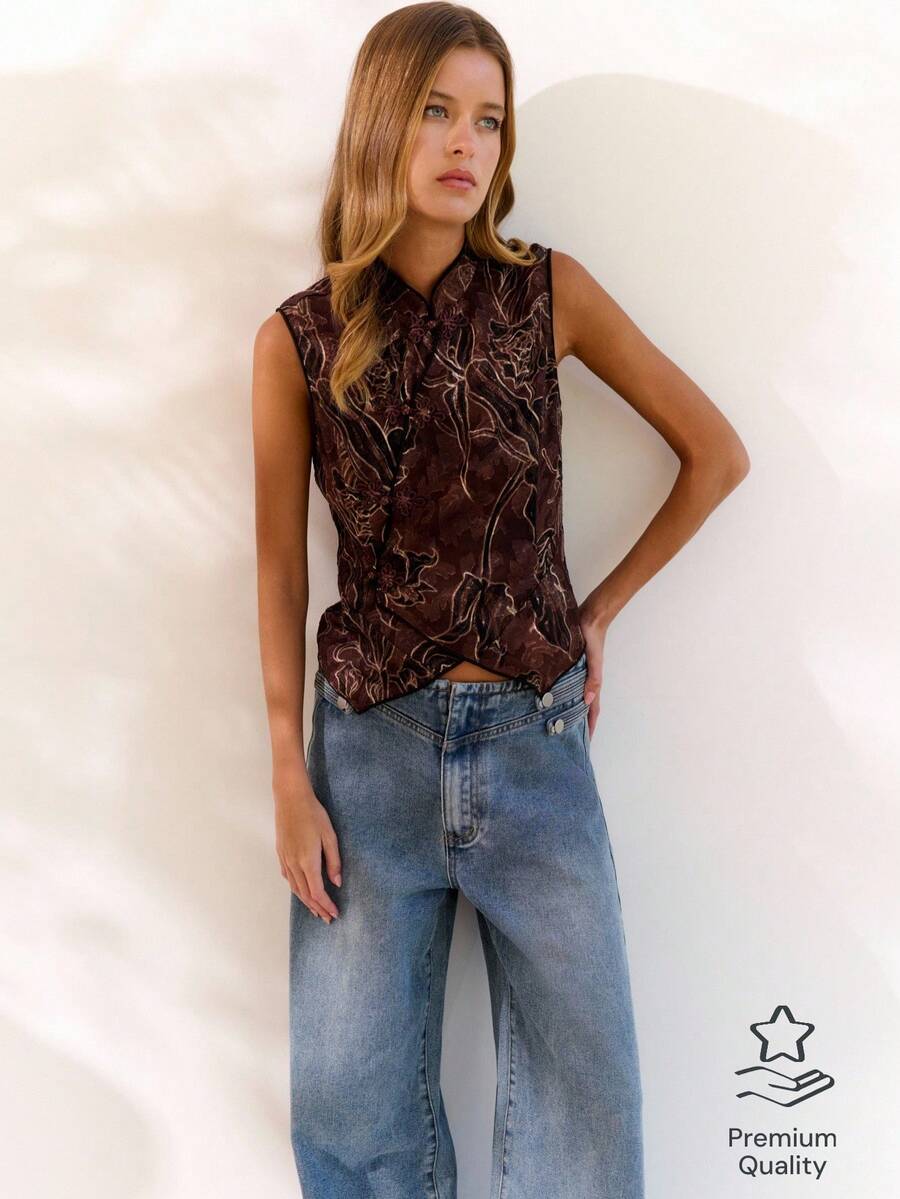 Nöista Mandarin Neck Jacquard Top-For Night Out Vacation, Formal Event, Day-To-Night; Autumn Everyday. - Coffee Brown - View 1