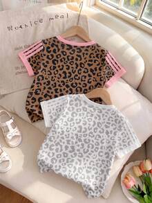 2pcs Girls Sweet Cool Casual Leopard Print Round Neck Short Sleeve T-Shirts, Suitable For Outdoor Sports, Suitable For Spring/Summer Daily Wear, Fashionable Classic, Suitable For Street Photography - Multicolor - View 2