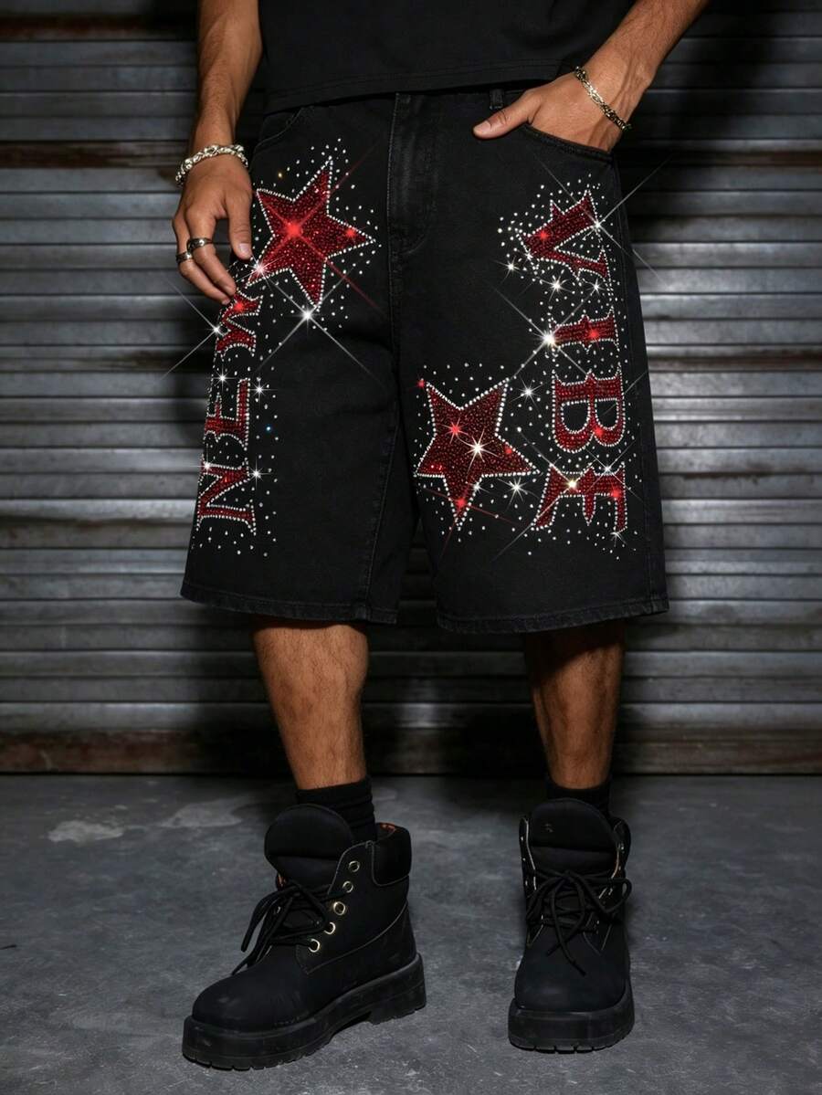 Manfinity EMRG Men's Hip-Hop Street Style Star Rhinestone Club Washed Black Denim Shorts - Black - View 1