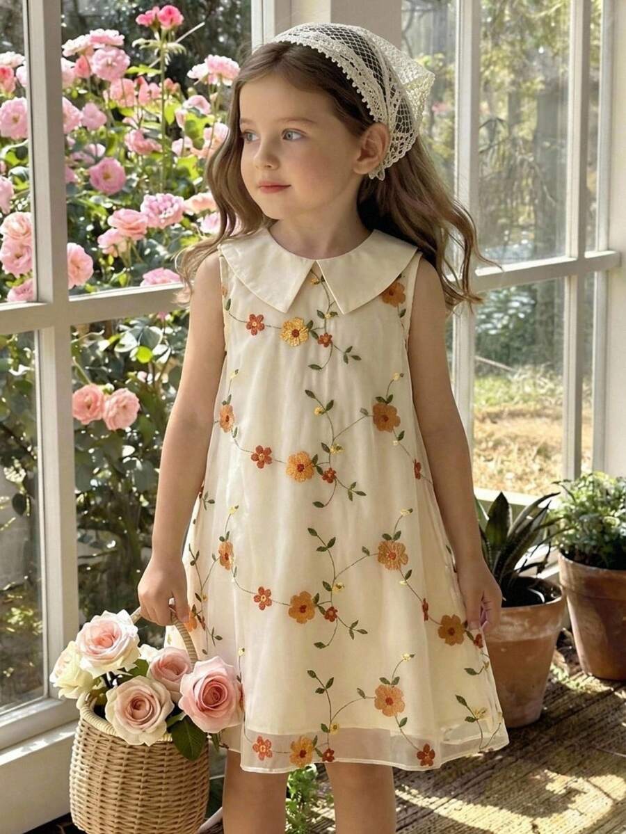 Elladie kids 少女休闲优雅花卉刺绣网纱无袖连衣裙，杏色，适合少女在学校、度假、摄影、家庭聚会、艺术展览等场合穿着，展现优雅端庄的气质。面料轻盈舒适。