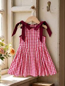 SHEIN LMoss Kids 女婴格子圆领蝴蝶结装饰休闲吊带裙 - 彩色 - 查看 5