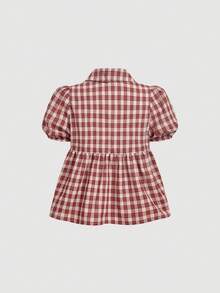 SHEIN MOD 格紋花瓣袖鈕扣前開娃娃上衣 - 彩色 - 查看 3