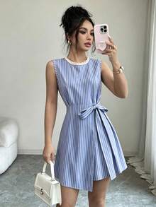 Franclia 女款法式優雅藍白條紋無袖圓領洋裝，附抓褶與蕾絲飾邊，適合日常穿著、通勤、度假 - 藍色 - 查看 3