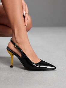 CUCCOO SZL Women's Chic Black Patent Leather Slingback Pumps With Gold Sculptural Heels And Pointed Toe Design - Black - View 6