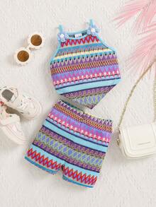 SHEIN 女童小女孩條紋花卉裝飾細肩帶背心與短褲兩件套 - 藍色 - 查看 7