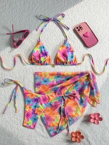 Swim Mod 3件組女款海灘夏季度假套裝，花卉紋理面料掛脖上衣、側綁帶比基尼泳褲、純色網紗裙，海灘度假比基尼套裝 - 彩色 - 查看 2