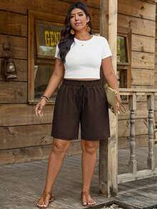 Comfylo Plus Size Solid Color Drawstring Waist Ruched Casual Versatile Daily Shorts - Brown - View 3