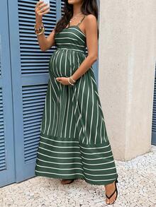 SHEIN 孕婦條紋細肩帶長洋裝 - 綠色 - 查看 5
