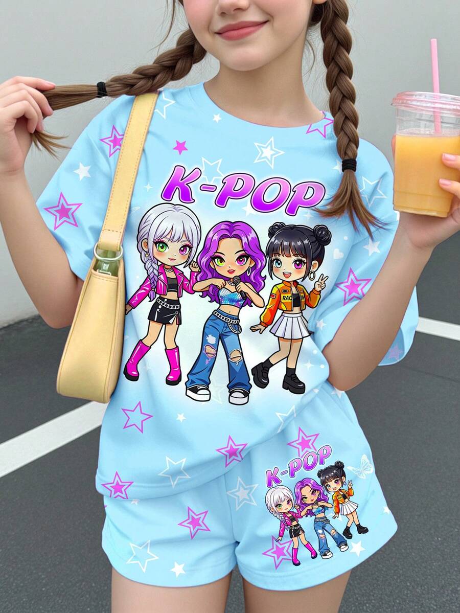 青少年女孩圓領字母卡通印花短袖T恤與短褲休閒Y2K日常套裝 淺藍色 夏季校園風 - 彩色 - 查看 1