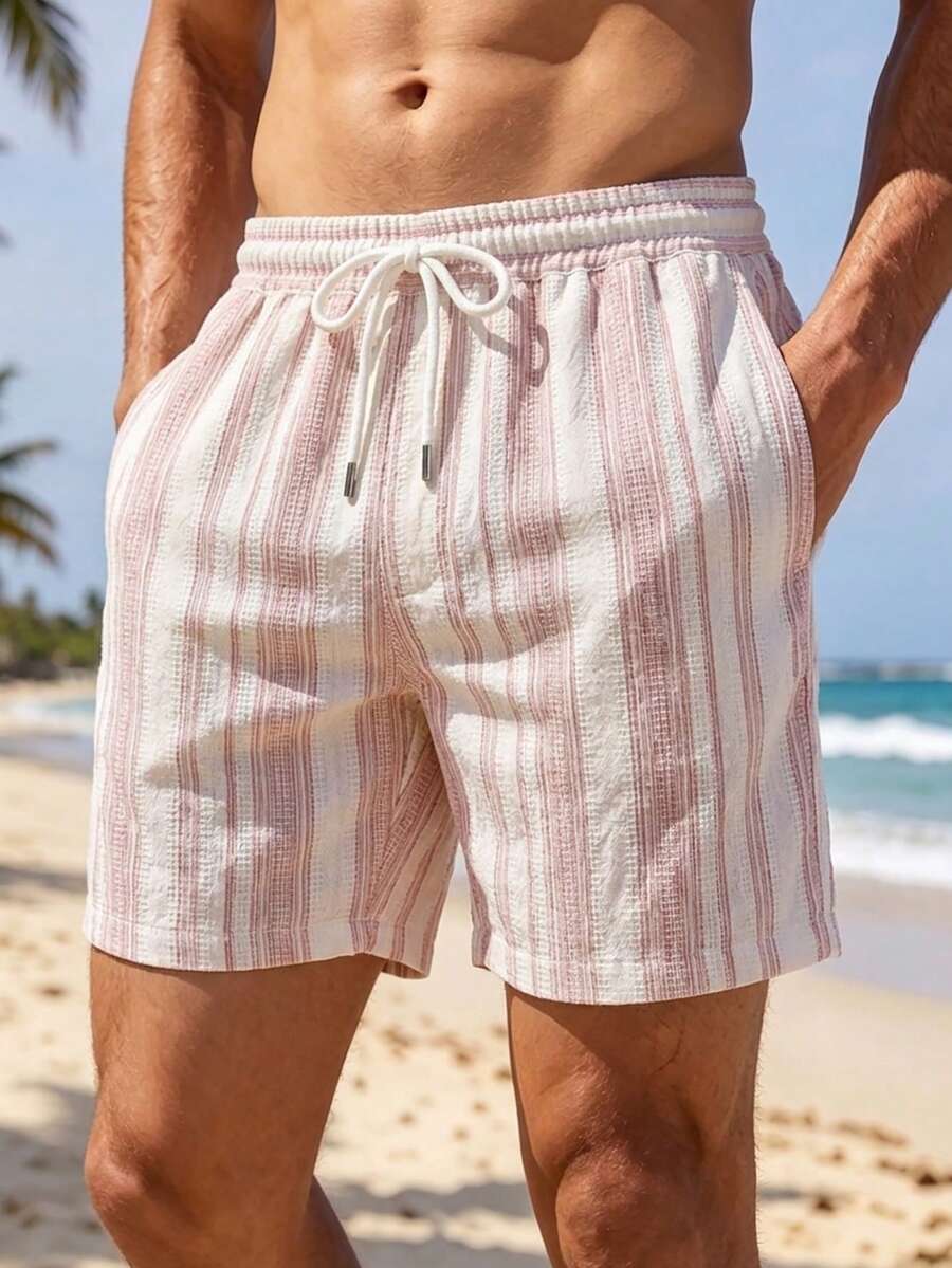 VENTUSAIL 男士白色與粉色條紋亞麻短褲,夏季熱帶度假休閒彈性抽繩腰下裝,透氣寬鬆版型沙灘短褲,附口袋 - 彩色 - 查看 1