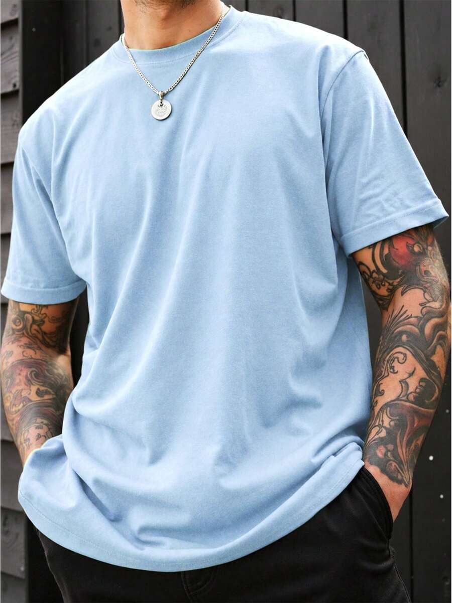Manfinity Homme Men's Solid Color Short Sleeve T-Shirt - Baby Blue - View 1