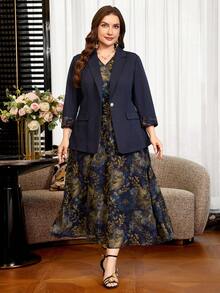 SHEIN Clasi Conjunto de chaqueta y vestido con estampado floral y patchwork en talla grande para otoño/invierno - Azul - Ver 4