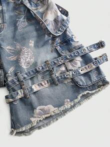 ROMWE Grunge Punk Plus Size Floral Print Denim Shorts - Blue - View 3