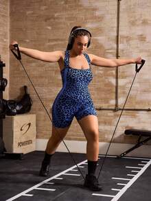 Powerista Plus Size Women's Square Neck Backless Twist Back Design Leopard Print Sports Jumpsuit Breathable Fitness Running Workout Backless Gym - Royal Blue - View 3