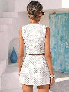 Vivid Eden Women's Polka Dot Print Tie Waist Vest & Denim Skirt Set Beach Set Vacation Outfits Women Casual Set Country Concert Outfit Polka Dot Set White Set - Medium Wash - View 2