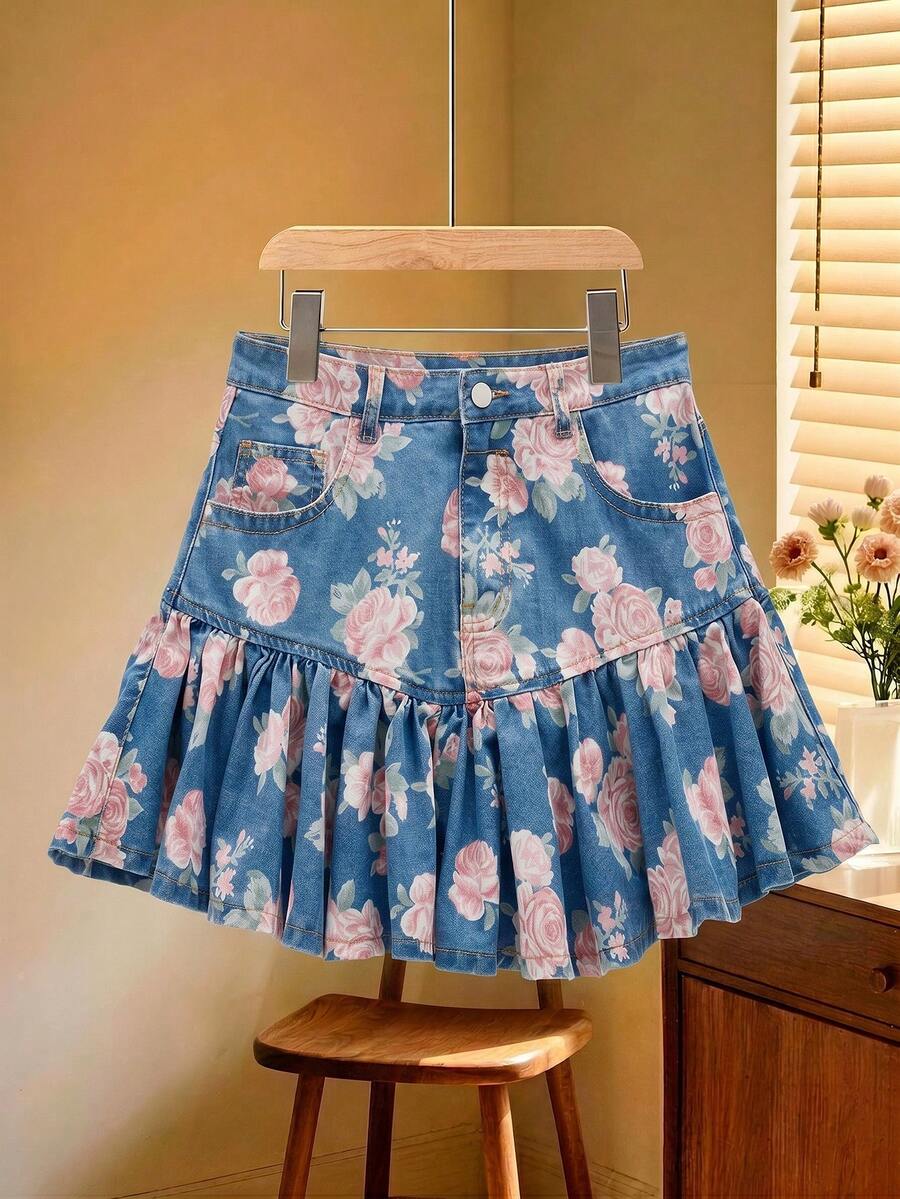 SHEIN MOD 女款夏季休閒花卉印花荷葉邊牛仔裙 - 中等水洗藍 - 查看 1