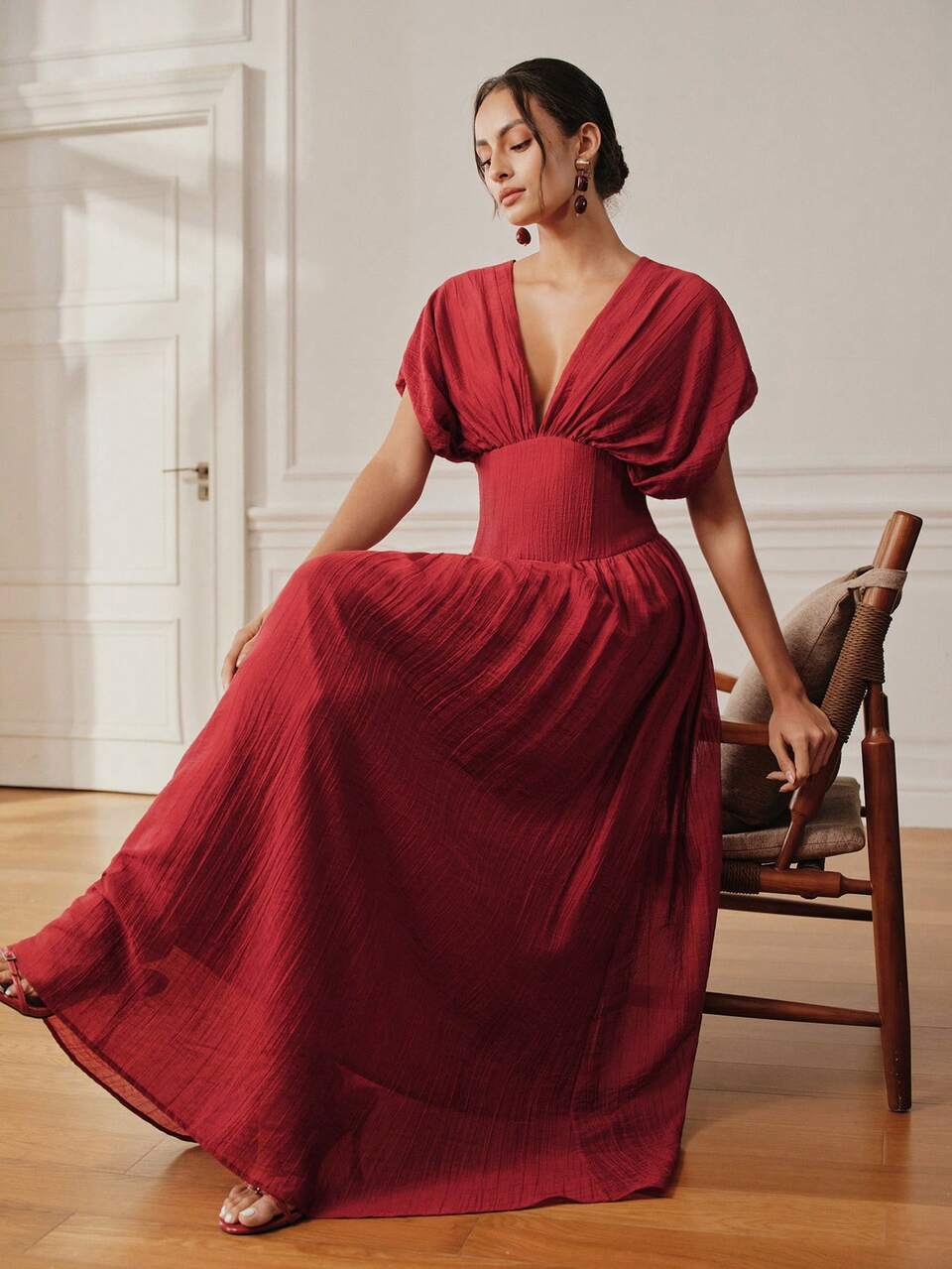 Women's Elegant Dark Red Ruched Dress For Holiday Wear