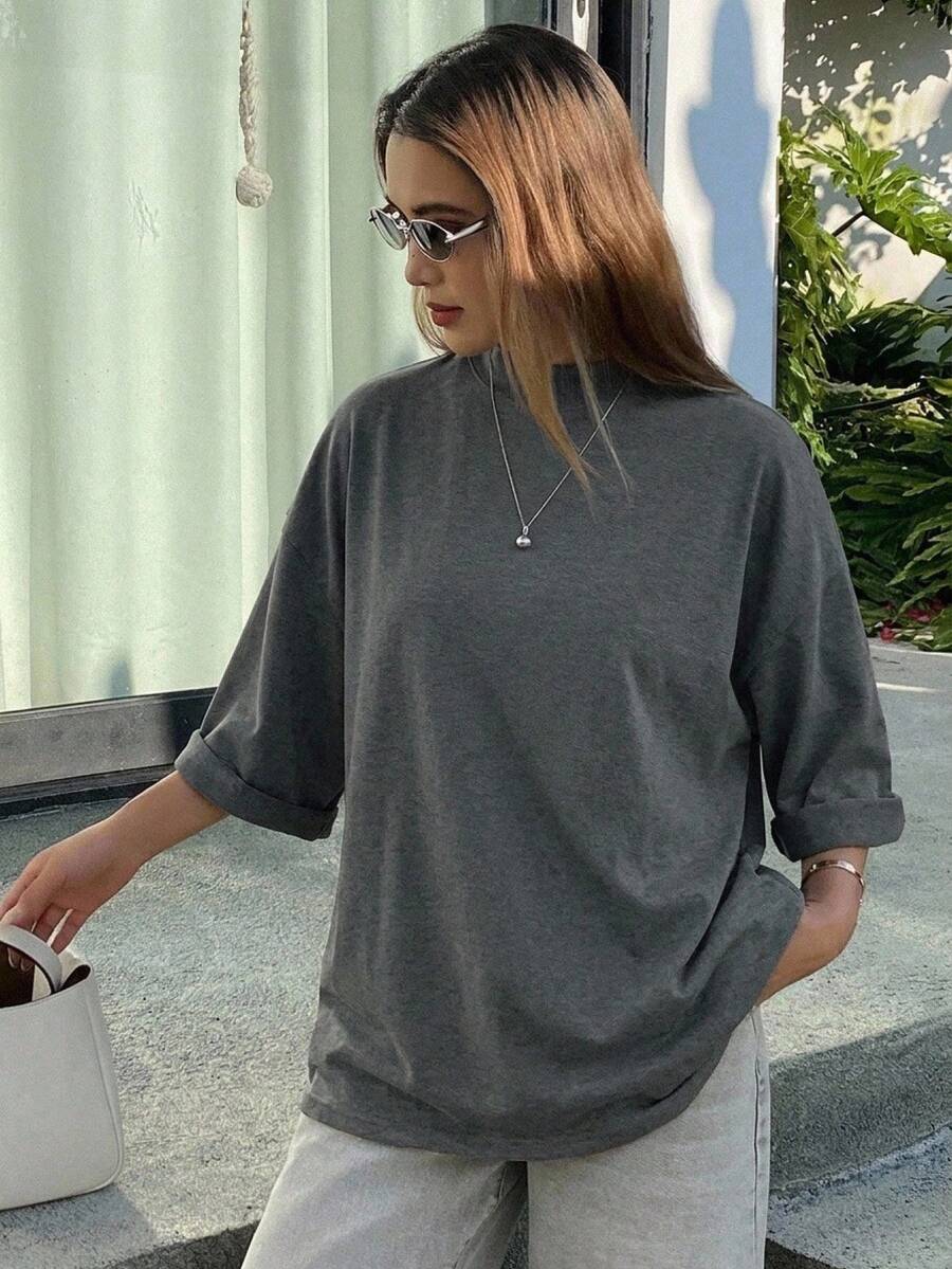 Livesso 春夏灰色寬鬆商務休閒風時尚女款短袖辦公穿搭T恤 - 深灰色 - 查看 1