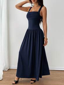 SHEIN PETITE Women's Elegant Solid Color Navy Blue Square Collar Flared Dress, Spring/Summer Date Night - Navy Blue - View 7