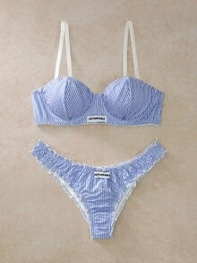 EverLounge 2 Stücke Damen-Wäscheset mit gestreiftem 3/4-Cup, Bügel, geformtem Cup, Push-up-Support, Spitzenbesatz und Schleife - Blau - Übersicht 1