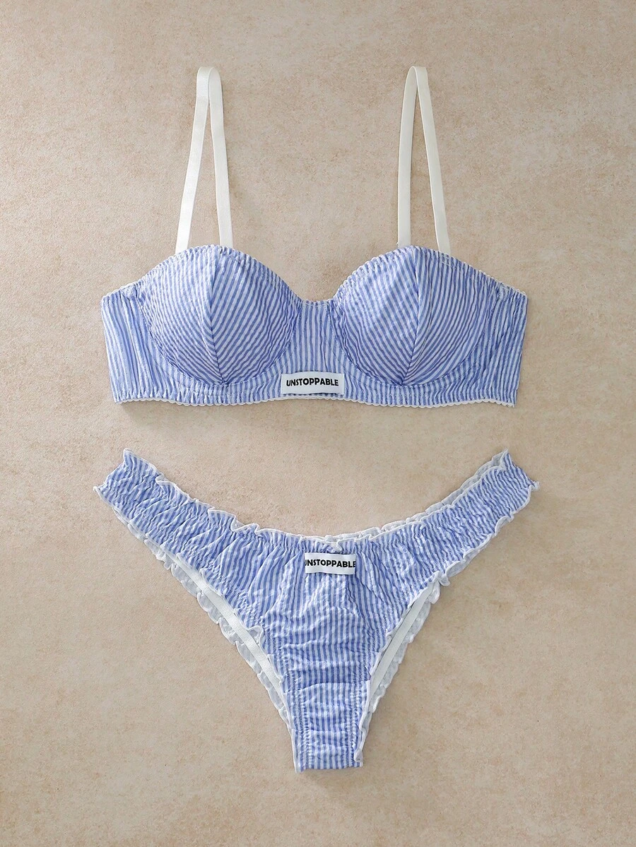 EverLounge 2 Stücke Damen-Wäscheset mit gestreiftem 3/4-Cup, Bügel, geformtem Cup, Push-up-Support, Spitzenbesatz und Schleife - Blau - Übersicht 1