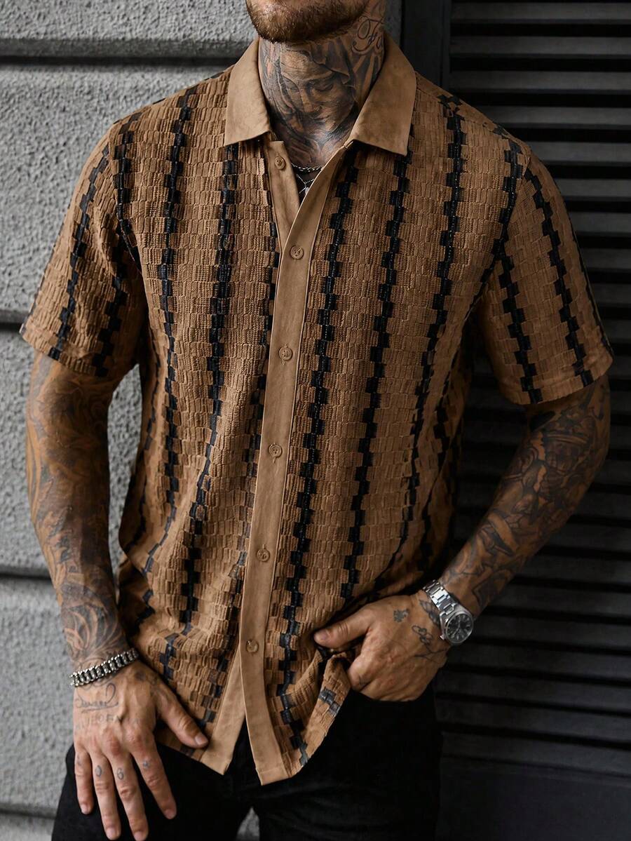Manfinity Homme Men's Casual Striped Short Sleeve Shirt, Summer - Coffee Brown - View 1