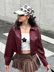 SHEIN 青少年女孩酒紅色翻領純色PU皮革短版休閒夾克，酷帥街頭風運動騎行拉鍊外套，百搭開學穿搭外套 - 酒紅色 - 查看 5