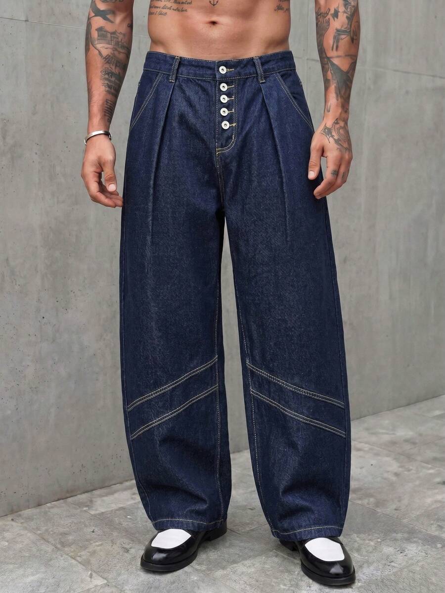 GENTILAND Men's Beige High Waist Wide Leg Pants With Pleated Front. Loose Fit Summer Trousers For Beach Vacation Resort Casual Wear. Lightweight & Breathable. - Dark Wash - View 1