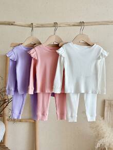 SHEIN 女嬰針織純色圓領荷葉邊下擺休閒T恤與長褲6件套 - 彩色 - 查看 3