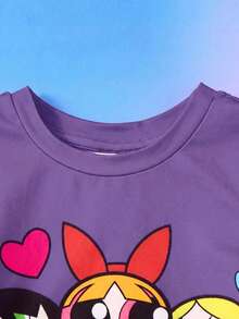 THE POWERPUFF GIRLS X SHEIN Baby Girl Cute Sweet Cartoon Print T-Shirt And Shorts 2-Piece Set Suitable For Spring And Summer - Purple - View 5