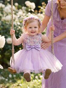 SHEIN Glamorique Kids 女嬰公主洋裝，優雅可愛紫色粉色3D花朵無袖蝴蝶結網紗蓬蓬裙，生日派對、婚禮節日禮服、舞會禮服、畢業禮服、夏季洋裝 - 紫色 - 查看 2