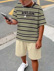 青少年男孩休閒舒適時尚簡約圓領短袖T恤與短褲套裝，經典復古酷感條紋圖案印花，經典夢幻文字圖案印花，適合春夏季，適合校園穿著 - 彩色 - 查看 6