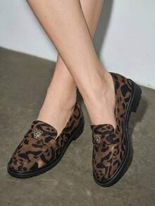 Bholvia 2025 Autumn Women's Elegant Flat Round Toe Brown Faux Deer Suede Embossed Black Leopard Print Loafers With Small Tiger Head Metal Buckle (Shoe Upper Pattern Random) - Multicolor - View 1