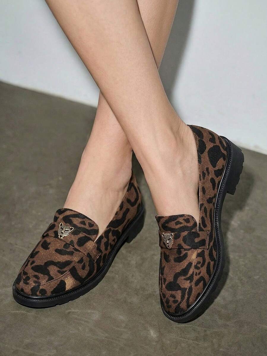 Bholvia 2025 Autumn Women's Elegant Flat Round Toe Brown Faux Deer Suede Embossed Black Leopard Print Loafers With Small Tiger Head Metal Buckle (Shoe Upper Pattern Random) - Multicolor - View 1