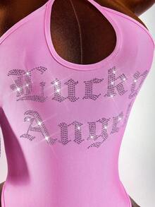 Amplova Women's Letter Rhinestone Fashion Sexy Halter Bodysuit Night Out Going Out Club Pink Summer - Pink - View 6