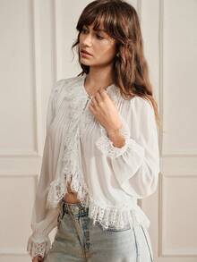 Revavyn Women's Blouse Loose Fit Bubble Sleeve Lightweight Textured Lace V-Neck Ruffle Spliced Edge Front Pleated Detail Elegant Romantic Bohemian White Solid - White - View 5