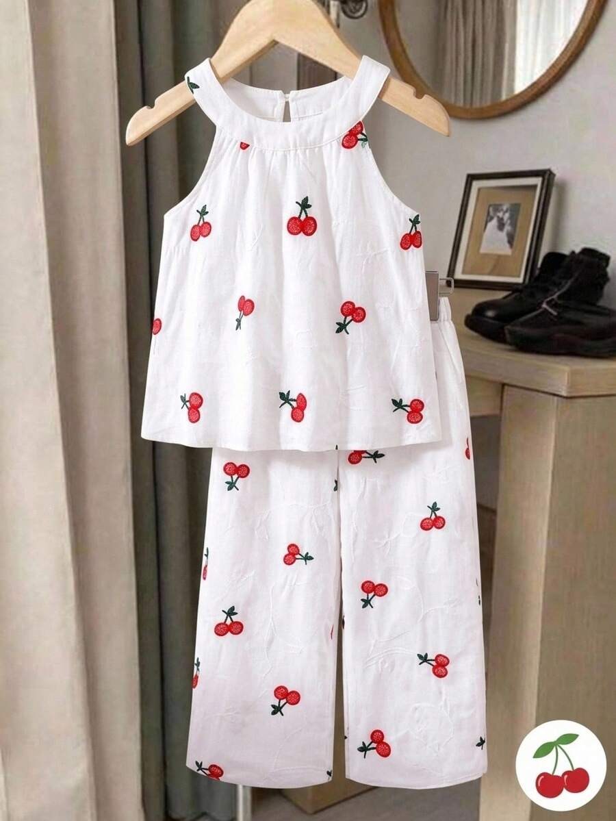 SHEIN Elladie kids 少女象牙色无袖樱桃刺绣上衣和直筒裤两件套，优雅妩媚的夏季套装